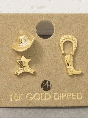 18K Gold-Dipped Western Charm Earring Set - Cowboy Hat, Star & Boot